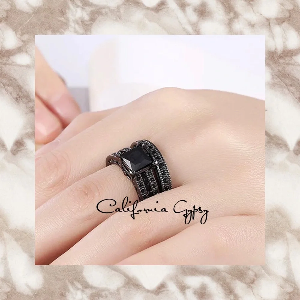 925 Sterling Silver Princess Cut Black Sapphire Ring Set - Picture 5 of 9